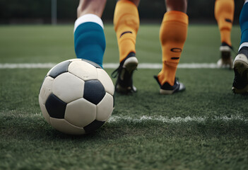 Fototapeta premium A Close-Up Shot of a White Football on a Grass Ground, Captured with an Isolated Background, Showcasing the Detail of the Ball in Sport Photography, Perfect for Representing Soccer and Athletic Gear.
