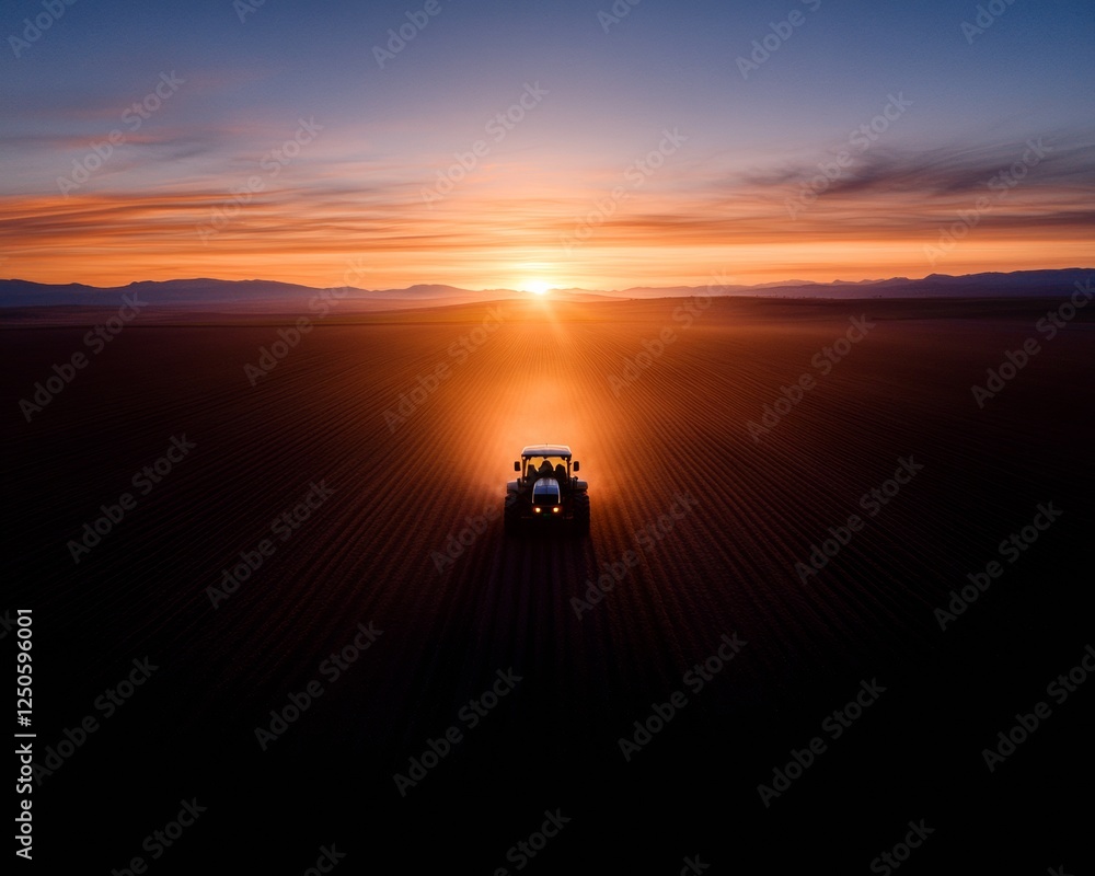 Poster sunset drone imagery high-tech precision farming tractor on copper fields - cutting-edge remote moni