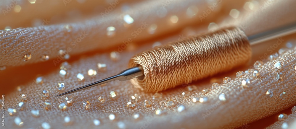 Poster close-up of a needle with thread on shimmering fabric adorned with sparkling details