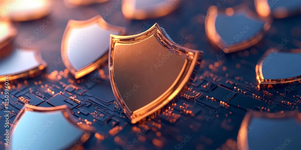 Poster Copper-Toned Cybersecurity Visualization Shield Icons on Circuit Board for Advanced Digital Protection and Network Solutions in Modern Tech and Business Environments