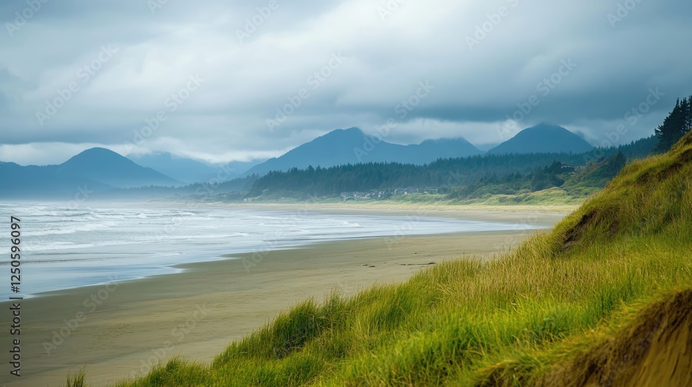 Aufkleber serene ocean view with overcast skies and distant mountain range offering ample copy space for text 