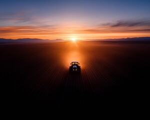 Sunset Drone Imagery High-Tech Precision Farming Tractor on Copper Fields - Cutting-Edge Remote Monitoring System for Sustainable Agriculture and Resource Efficiency