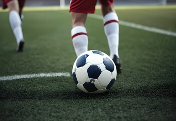 Fototapeta premium A Close-Up Shot of a White Football on a Grass Ground, Captured with an Isolated Background, Showcasing the Detail of the Ball in Sport Photography, Perfect for Representing Soccer and Athletic Gear.