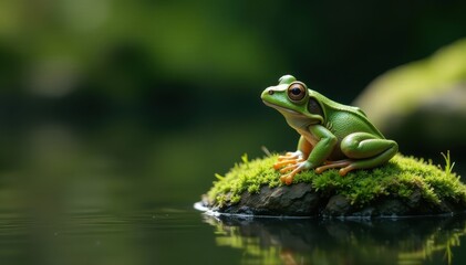 Obraz premium A solitary frog rests on a mossy rock near water, eyes closed , wildlife, hopeful, nature