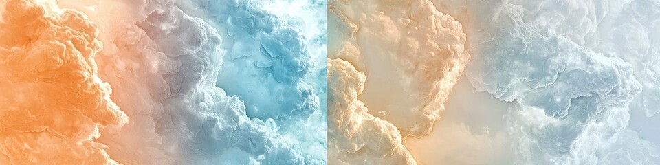 Obraz premium Pastel blue and apricot skies alternate in vertical bands, with soft, unique cloud formations adding a calming effect and a sense of warmth with every stripe, perfect for tranquil settings.