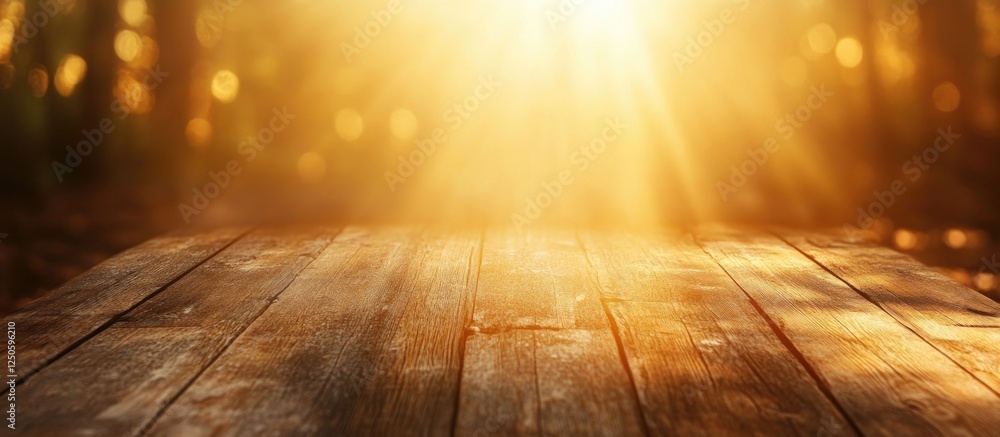 Aufkleber rustic wooden texture backdrop with warm sunlight rays creating a bright, inviting atmosphere for de