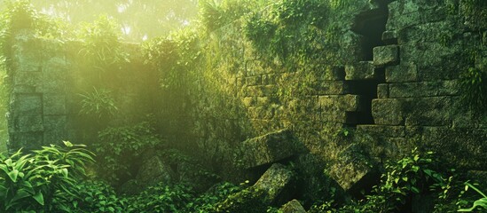 Fototapeta premium Ancient crumbled stone wall enveloped in lush moss and vibrant greenery under soft ambient light