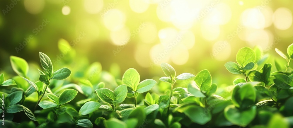Poster lush green foliage with a soft glowing background creating a tranquil and refreshing natural atmosph