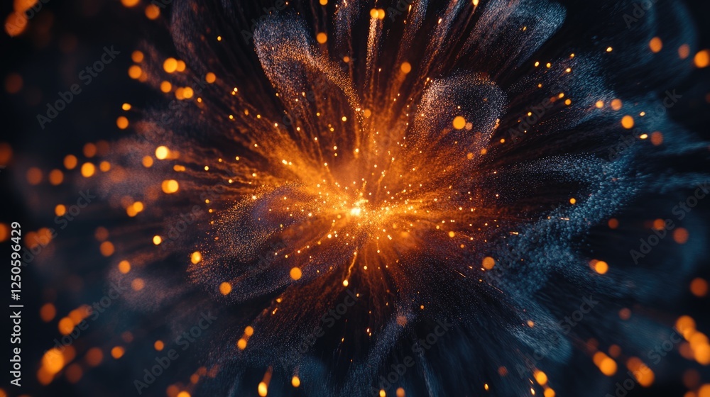 Poster dynamic abstract explosion with vibrant particles in a dark background, ideal for festive designs an