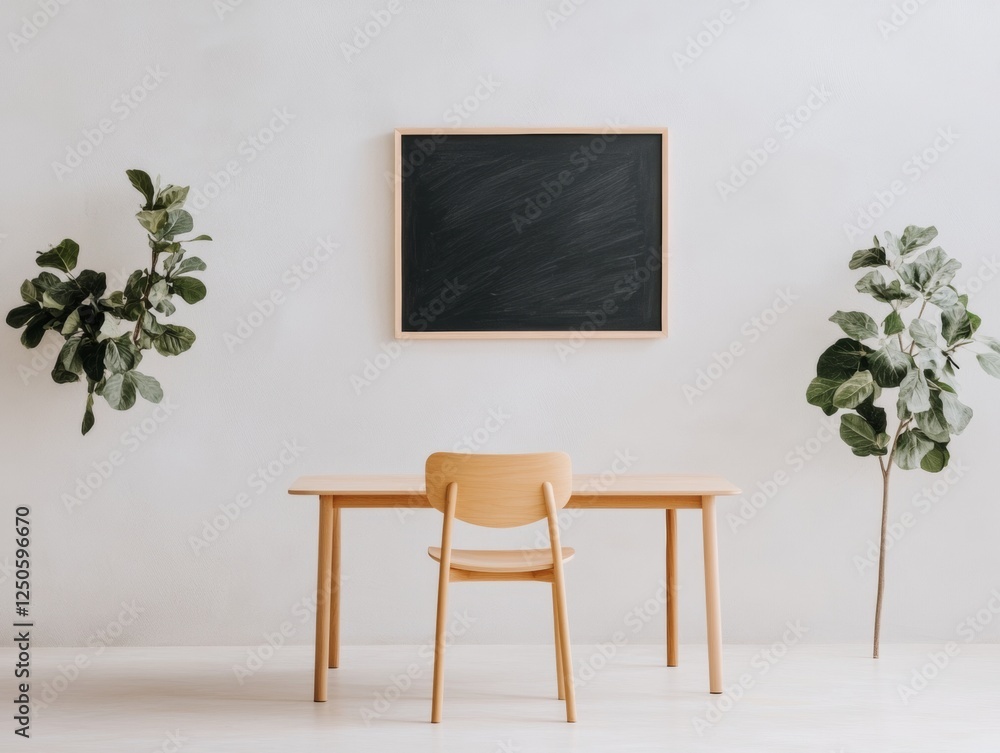 Aufkleber scandinavian minimalist education display wooden table with blackboard and foliage - modern classroo