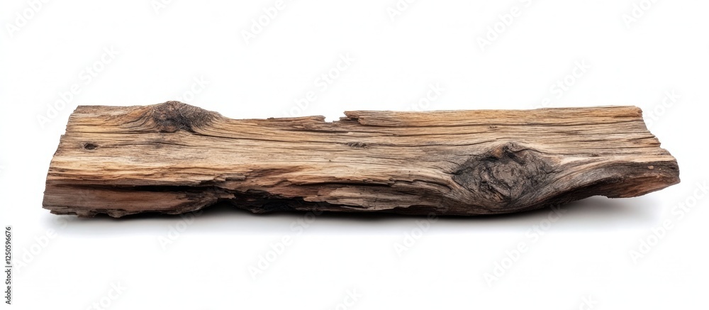 Poster weathered wooden plank with deep cracks and fibers on a white background, ideal for rustic themes or