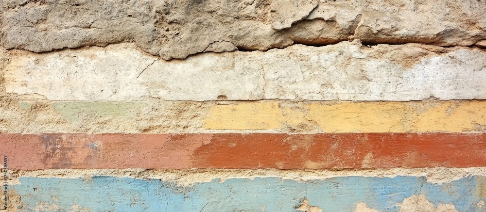 Poster textured old brick wall with colorful striped patterns in sandy backdrop highlighting rustic archite