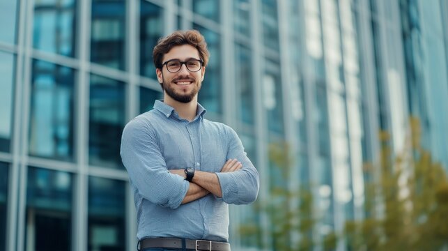An attractive business man stands confidently with arms crossed, looking directly at the camera, surrounded by sleek buildings and bright sunlight in a vibrant city atmosphere - Powered by Adobe