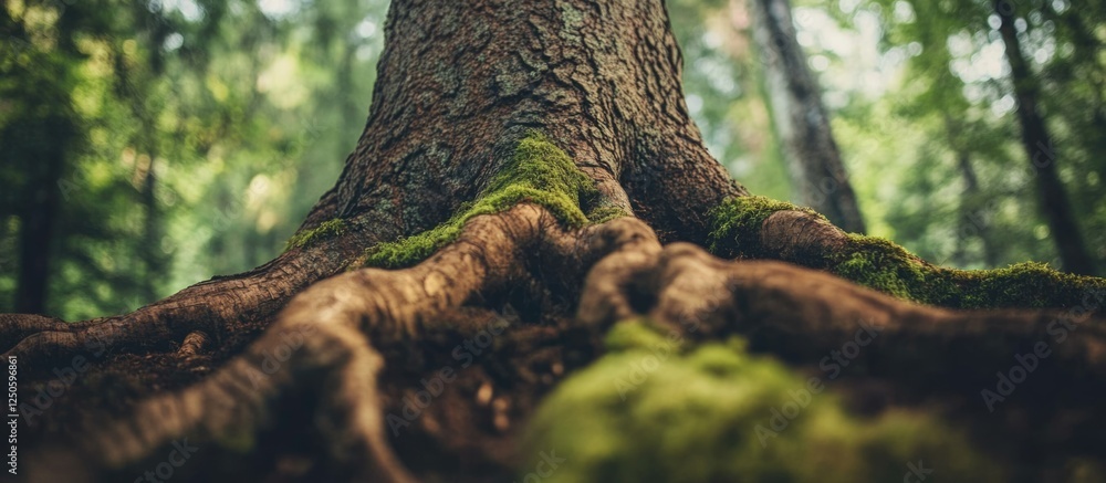 Aufkleber forest floor view showcasing the intricate texture and moss-covered roots of an old tree in a serene