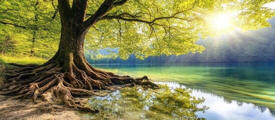 Majestic old trees by tranquil waters illuminated by sunlight in a serene summer landscape