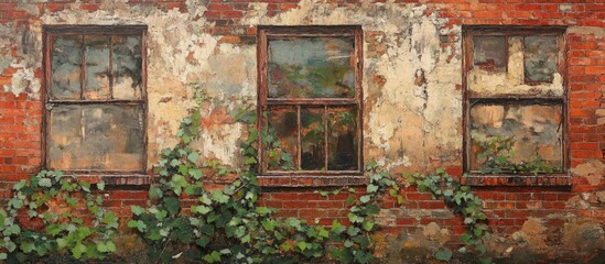 Weathered brick wall featuring three rustic windows adorned with ivy and peeling paint, depicting a vintage urban aesthetic.
