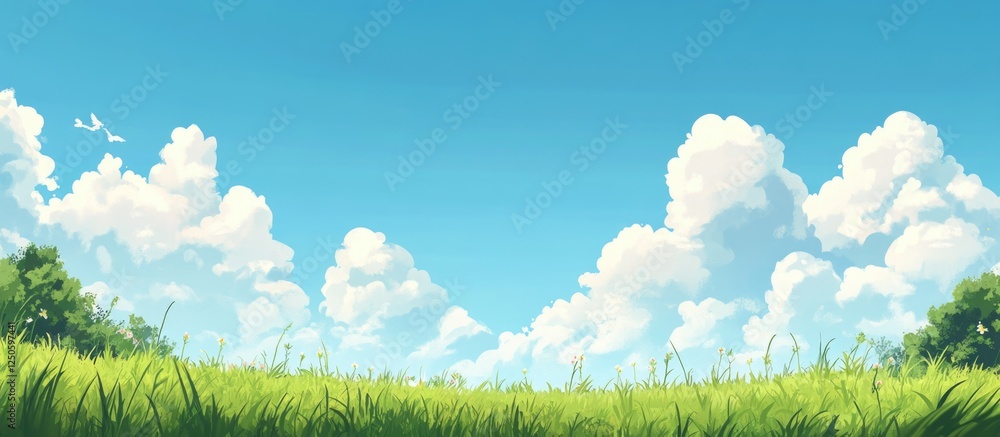 Poster serene summer sky with fluffy clouds over green grass creating a tranquil natural background for des