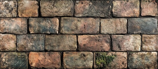 Obraz premium Weathered brick floor texture with moss and cracks viewed from above ideal for backgrounds or architectural designs