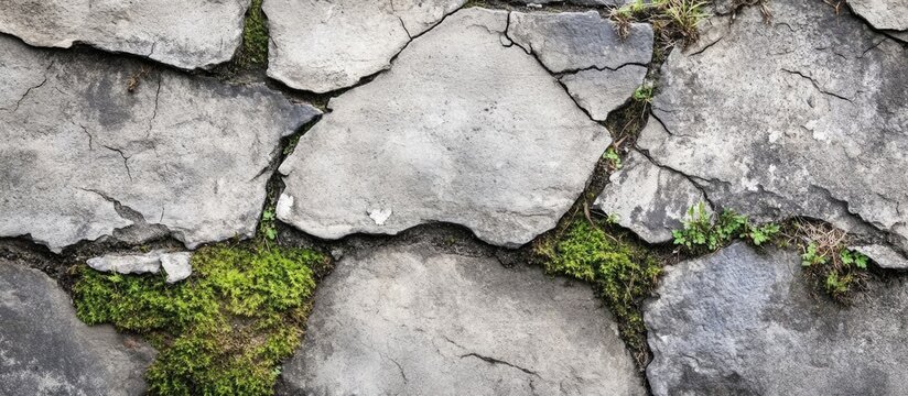 Textured weathered stone wall with cracks and patches of green moss ideal for backgrounds and natural designs