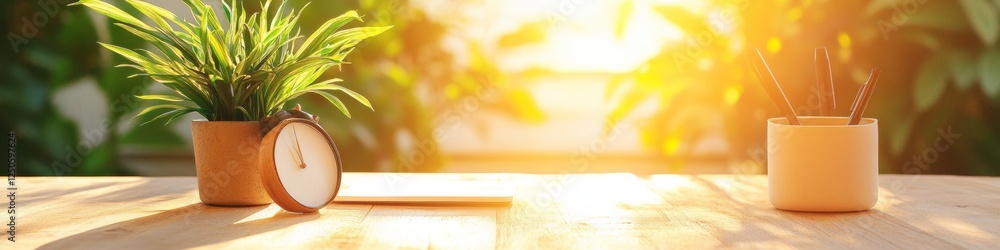 Poster sunlit biophilic office workspace wooden desk with greenery and minimalist decor - boosting producti