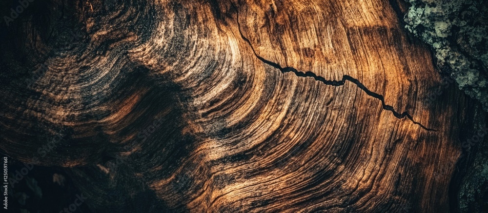 Poster close-up of a textured old tree trunk showcasing intricate grain patterns and natural color variatio