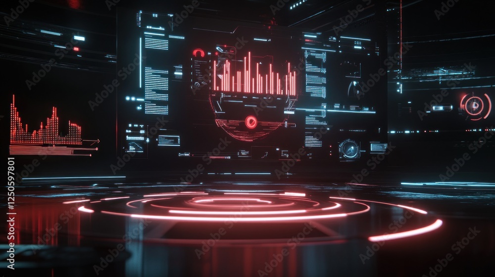 Poster futuristic data center with glowing interface and circular platform