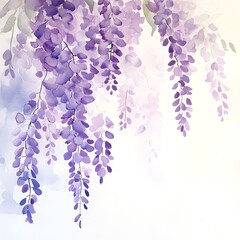 Beautiful watercolor illustration of cascading purple wisteria flowers.