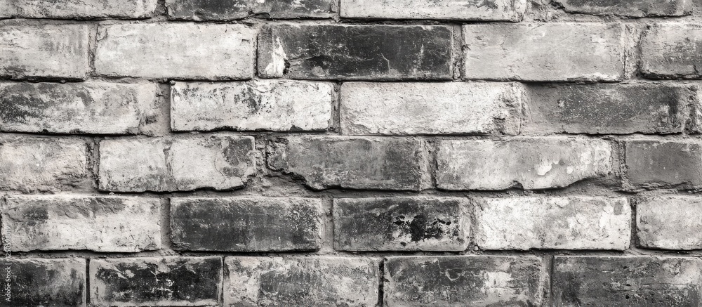 Poster textured black and white old brick wall background with weathered details and variations in surface 