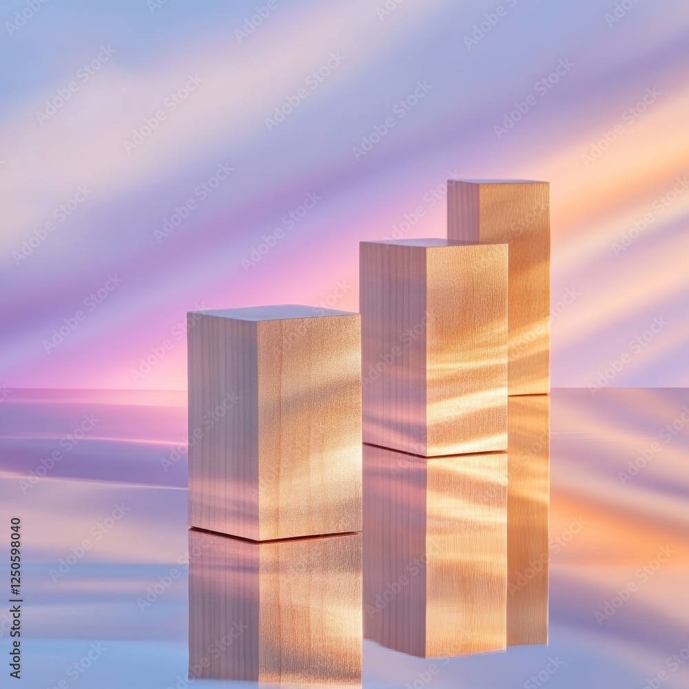 Poster gradient-infused wooden block display sequential progression on reflective studio surface for leader