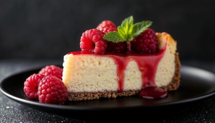 Decadent Raspberry Cheesecake Slice with Mint on Black Plate