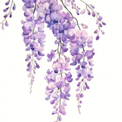 Beautiful watercolor illustration of cascading purple wisteria flowers.