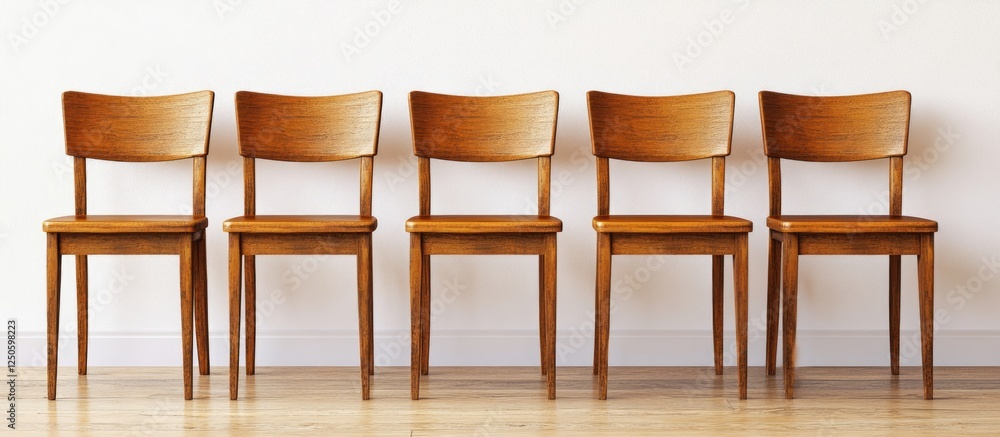 Poster neatly arranged row of wooden chairs with blank space for customized text in modern minimalist inter