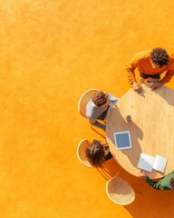 Fototapeta premium Vibrant Collaborative Workspace Diverse Students with Digital Tablets and Notebooks on Wooden Table - Inclusive Educational Innovation and Team Learning for Gen Z