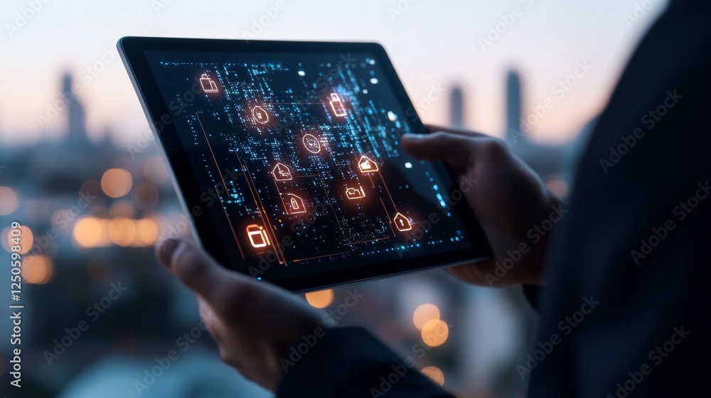 Aufkleber futuristic tech aesthetic ai-powered smart home security display on glass tablet - urban living solu