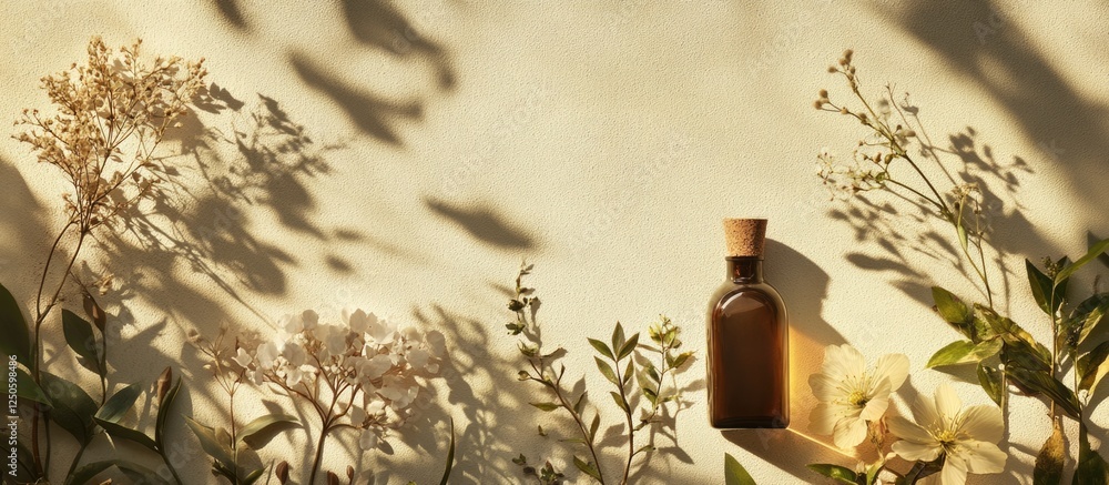 Aufkleber nature inspired artistic display of shadowed products with elegant floral elements and space for tex