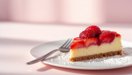 Classic Strawberry Cheesecake Slice with Powdered Sugar on Pink Background