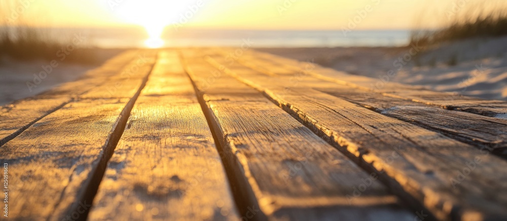 Poster sunset over weathered wooden boardwalk leading to a peaceful beach with soft waves and grass in the 