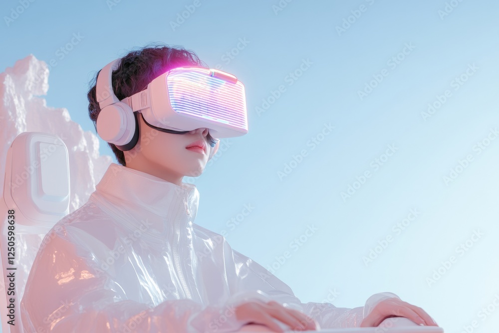 Poster Futuristic VR Collaboration South Korean Young Professional in Neon-Aesthetic Workspace with Digital Interface - Transforming Remote Work in Tech Industries