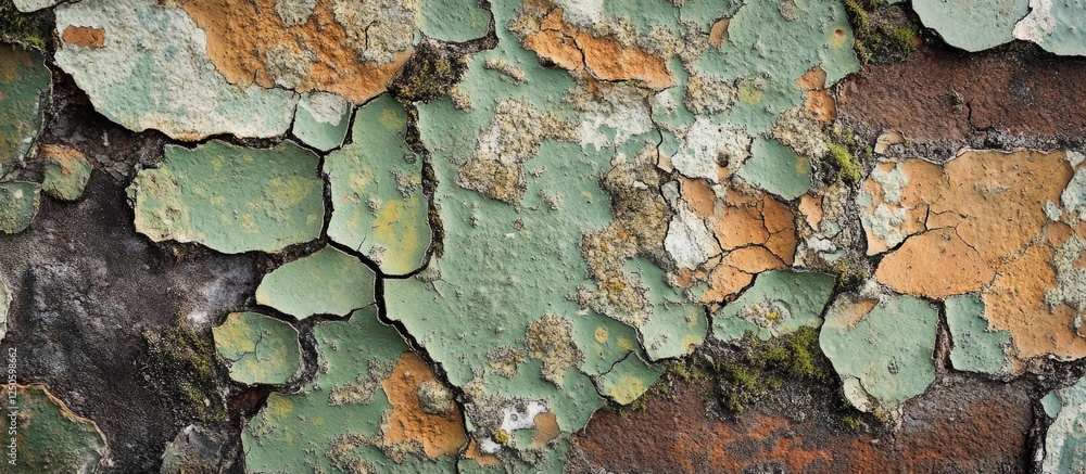Poster vintage brick wall with peeling paint texture in earthy tones creating a rustic and weathered appear