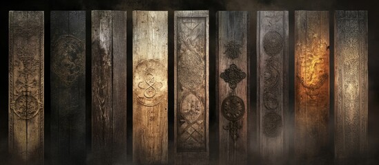 Antique Wooden Panels with Intricate Designs in a Mystical Atmosphere