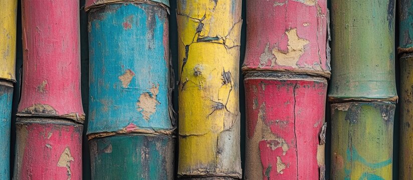 Colorful bamboo background with graffiti details showcasing vibrant textures and patterns in nature's design.