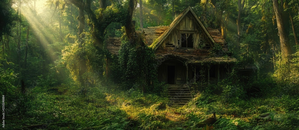 Poster abandoned house in dense forest with lush greenery and sunlight filtering through trees creating a m