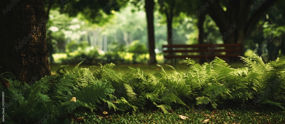 Poster lush green ferns in a park setting under cloudy evening skies creating a serene and tranquil atmosph