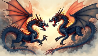 Obraz premium Fiery Dragons Confrontation in the Heavens
