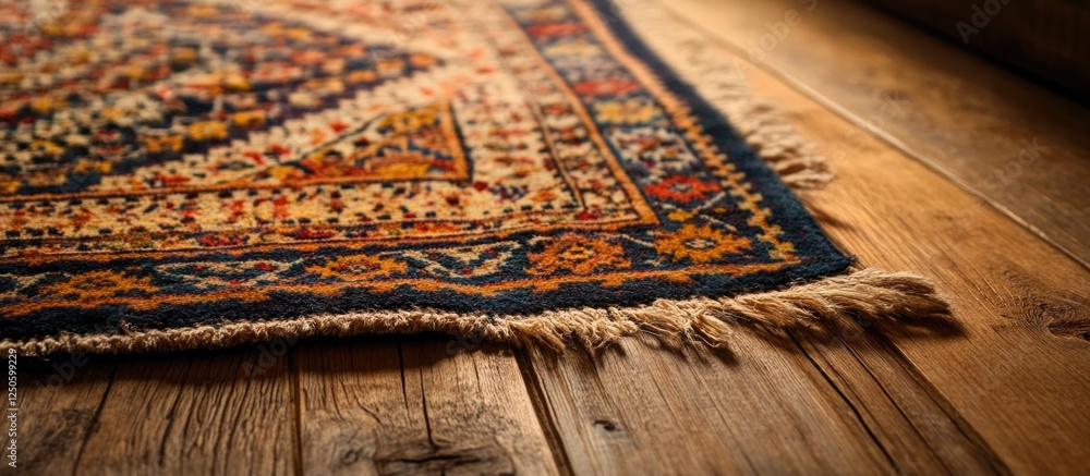 Poster elegant traditional carpet resting on rustic wooden floor with intricate patterns and frayed edges, 