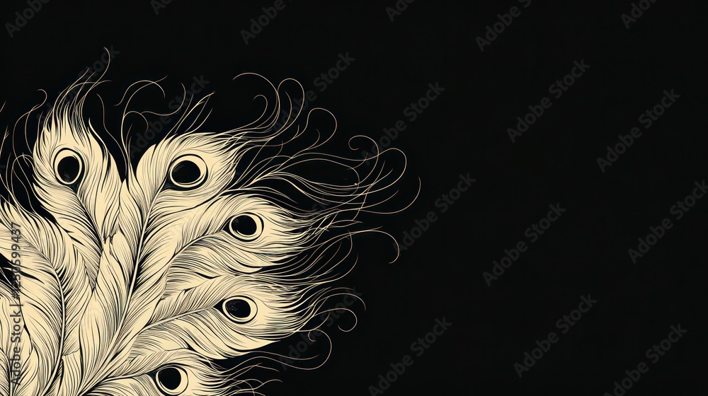 Poster elegant peacock feathers on dark background with copy space design