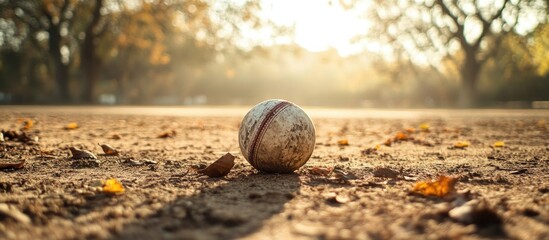 Old used cricket ball resting on a dusty ground with autumn leaves in a tranquil outdoor setting in India during sunset.