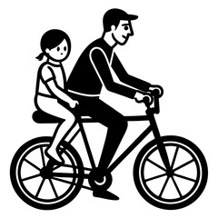 Fototapeta premium Father riding a bicycle with child in the backseat silhouette vector illustration 