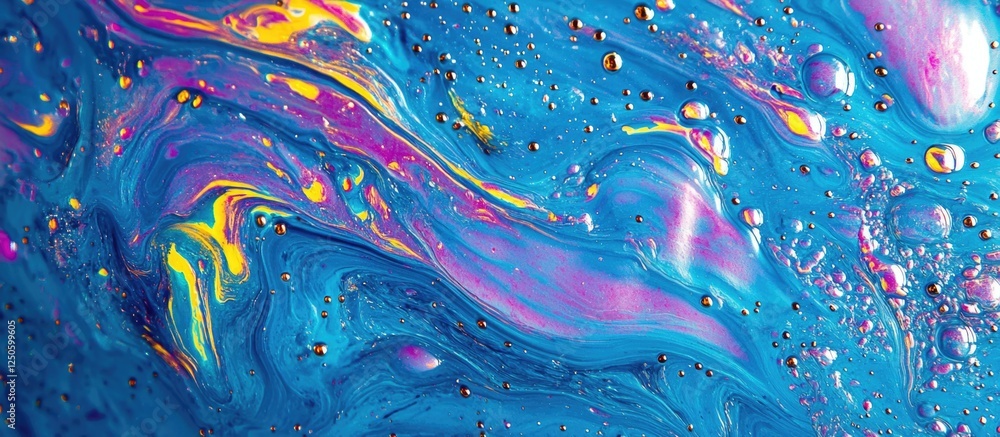 Poster colorful oil droplets creating abstract patterns on a vibrant blue water surface showcasing texture 