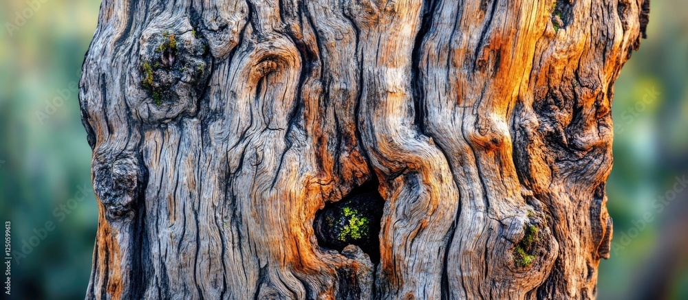 Poster textured close-up of an ancient tree trunk with intricate patterns and natural moss, highlighting th